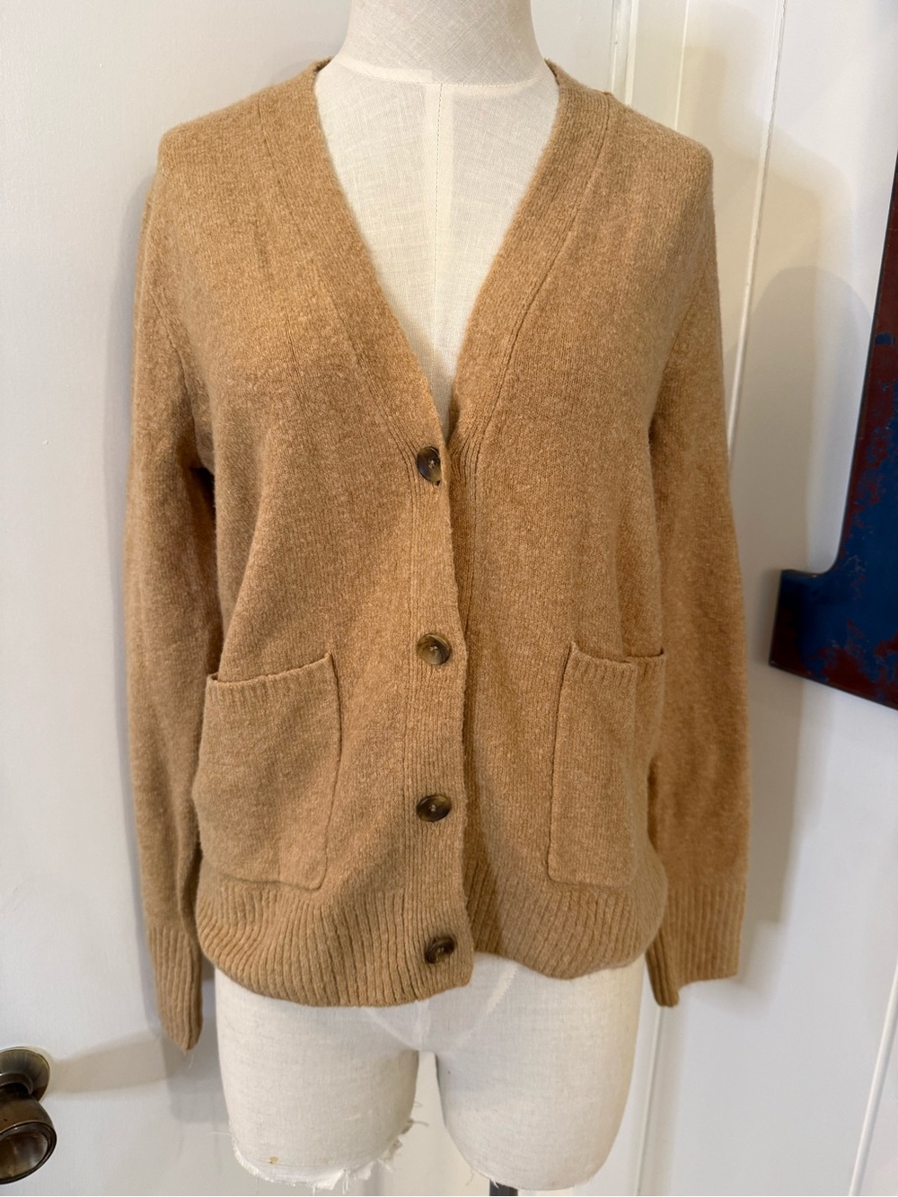 Classic Camel Button-Front V-Neck Cardigan Sweater